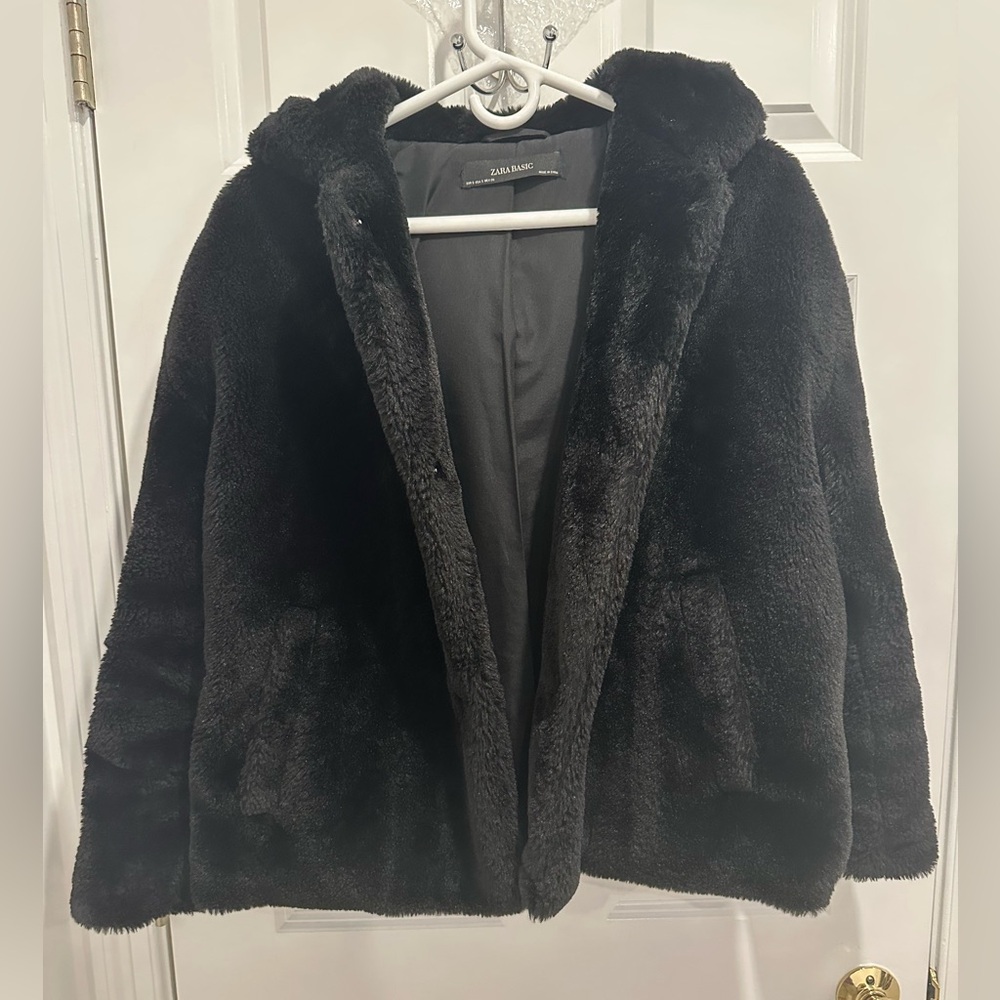 ZARA Black Teddy Jacket Plush Faux Fur